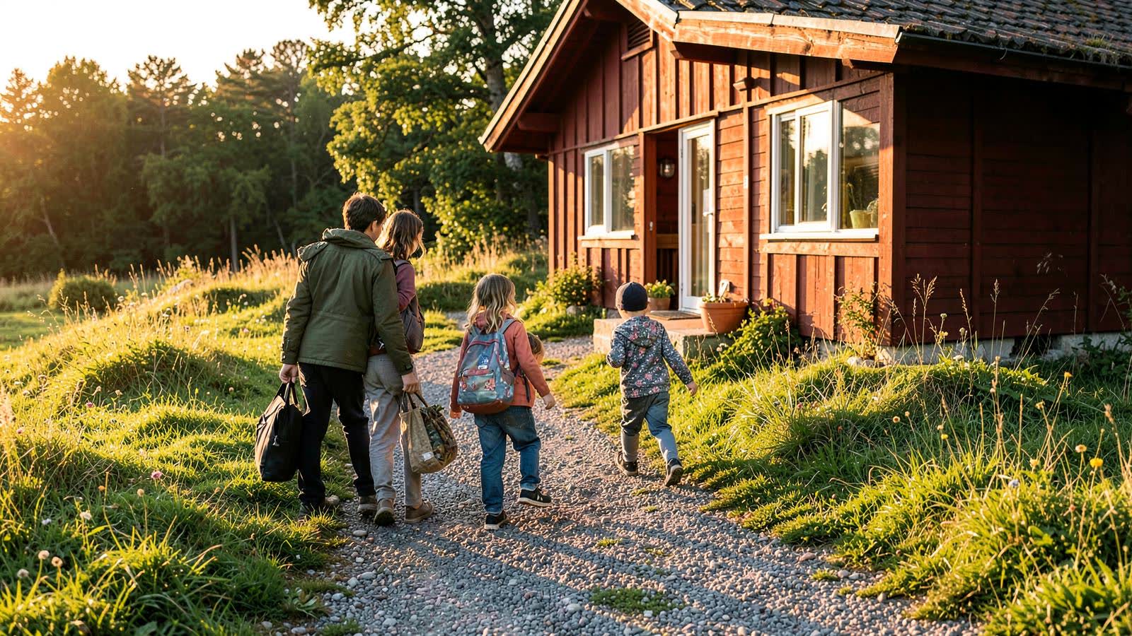 A family arriving at a red cabin in evening light