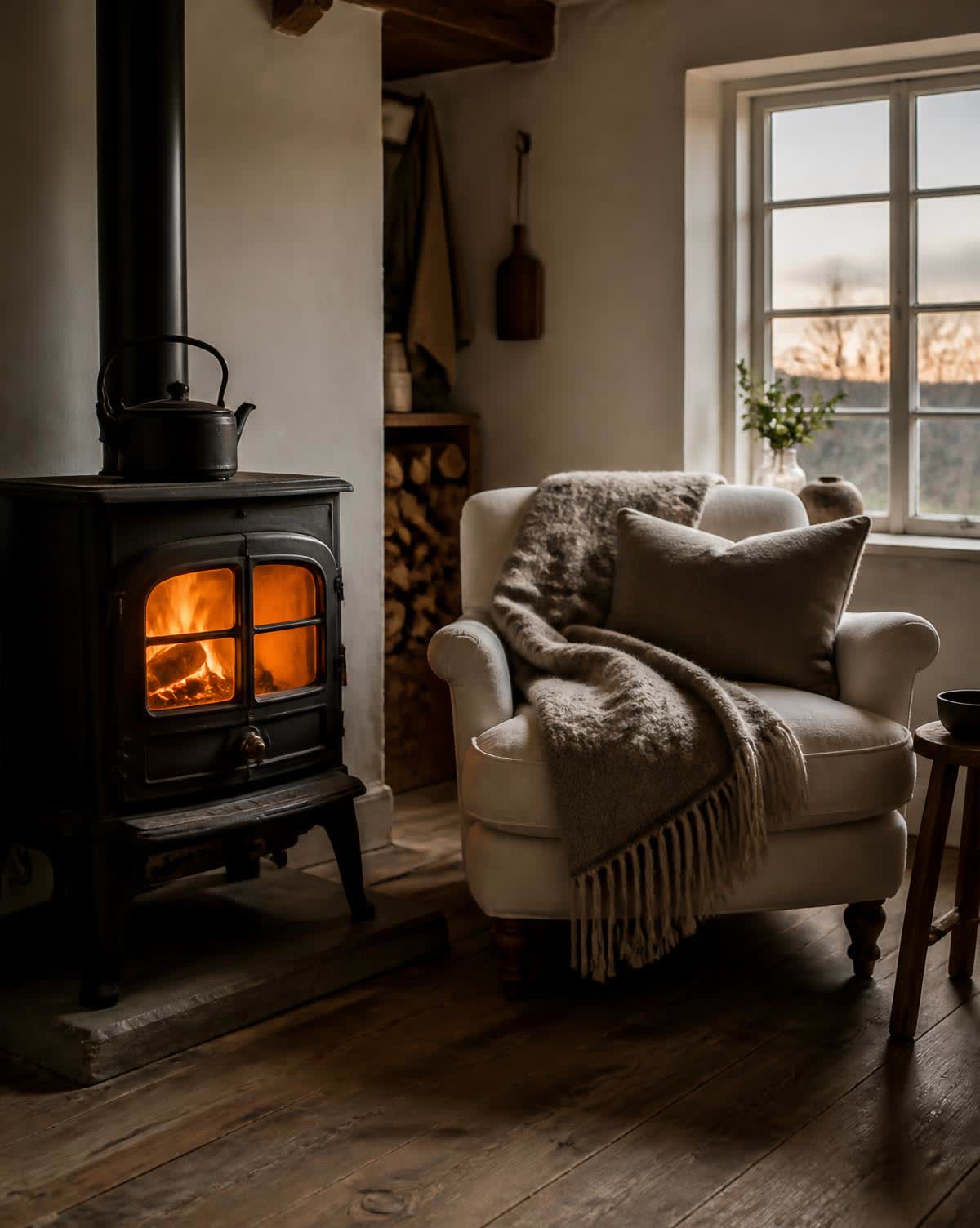Cosy cabin living room with the wood stove lit