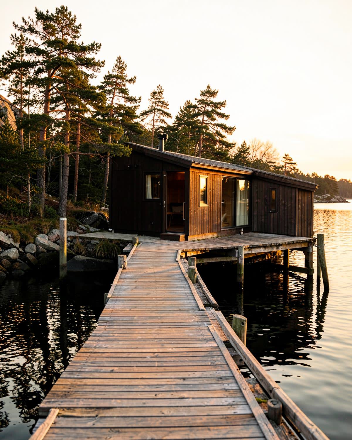 Cabin with a sauna by the water in evening light, seen from a wooden jetty